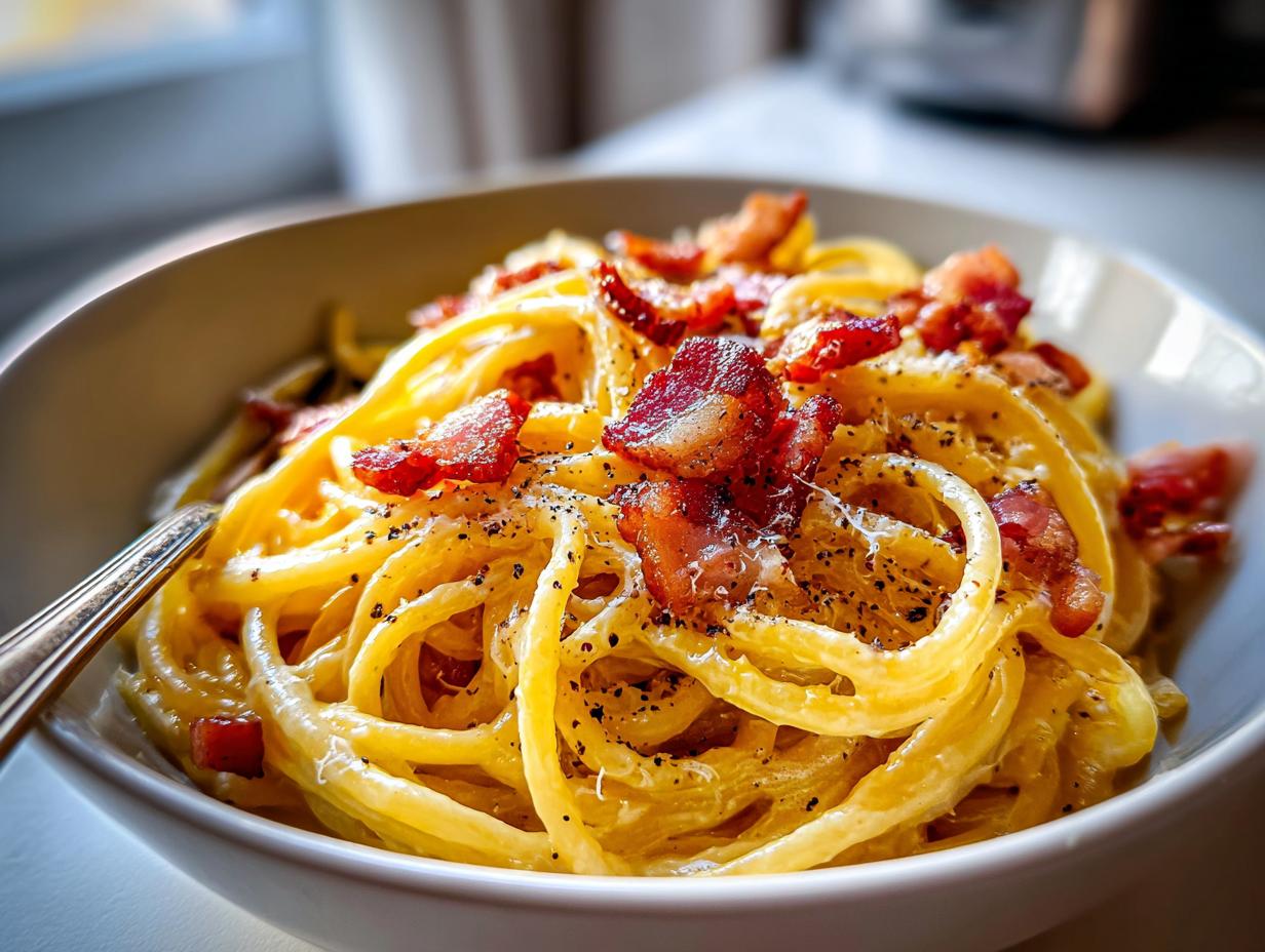 Close-up of a bowl of spaghetti carbonara, a classic pasta recipe, topped with crispy bacon and black pepper.