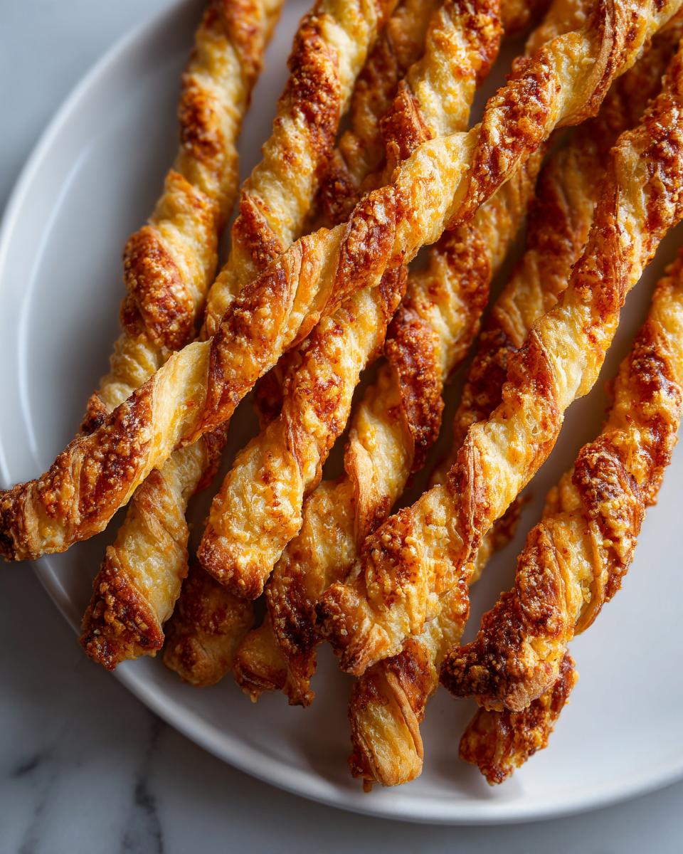 Close-up of golden-brown, twisted cheese straws, perfect for new years eve snacks.