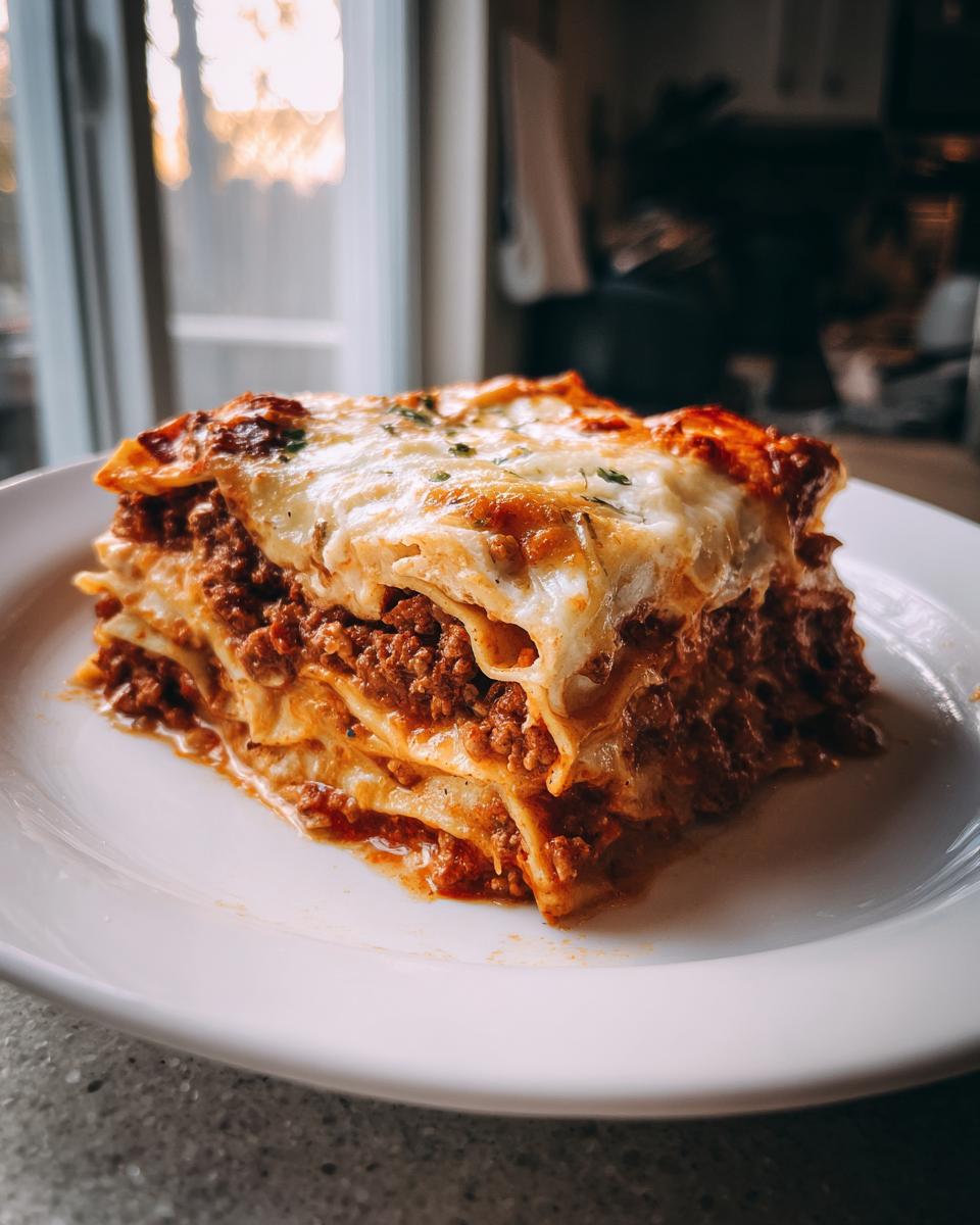 A close-up of a slice of cheesy beef lasagna with layers of meat and pasta on a white plate.