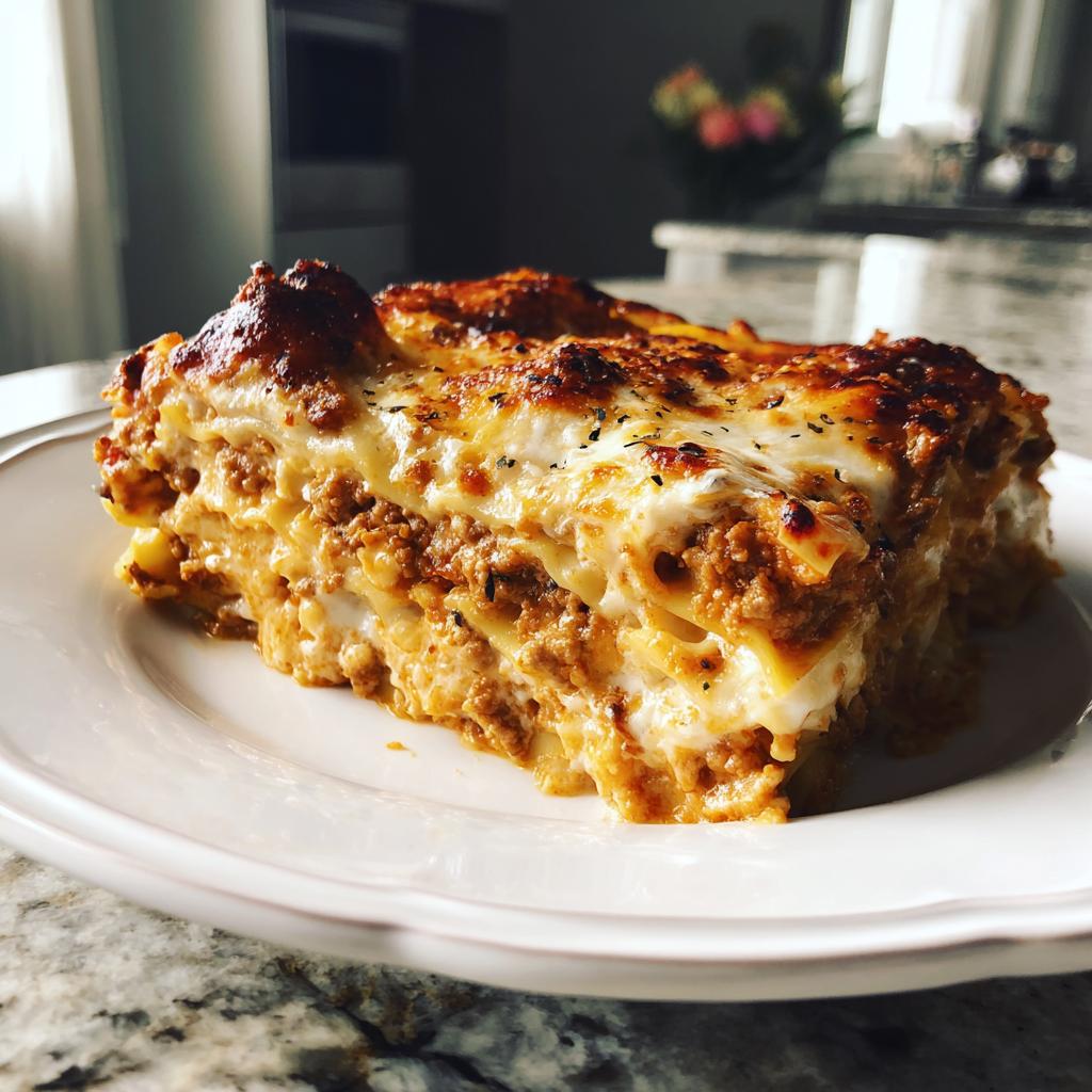 Close-up of a slice of cheesy homemade lasagna with meat sauce on a white plate.