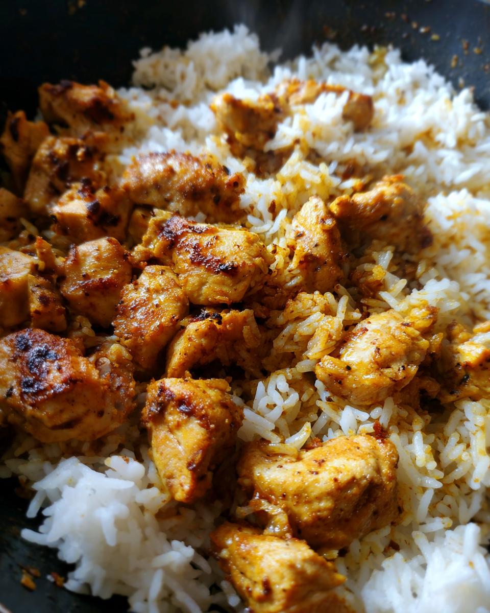 Close-up of seasoned chicken pieces mixed with fluffy white rice, a simple and delicious chicken and rice recipe.