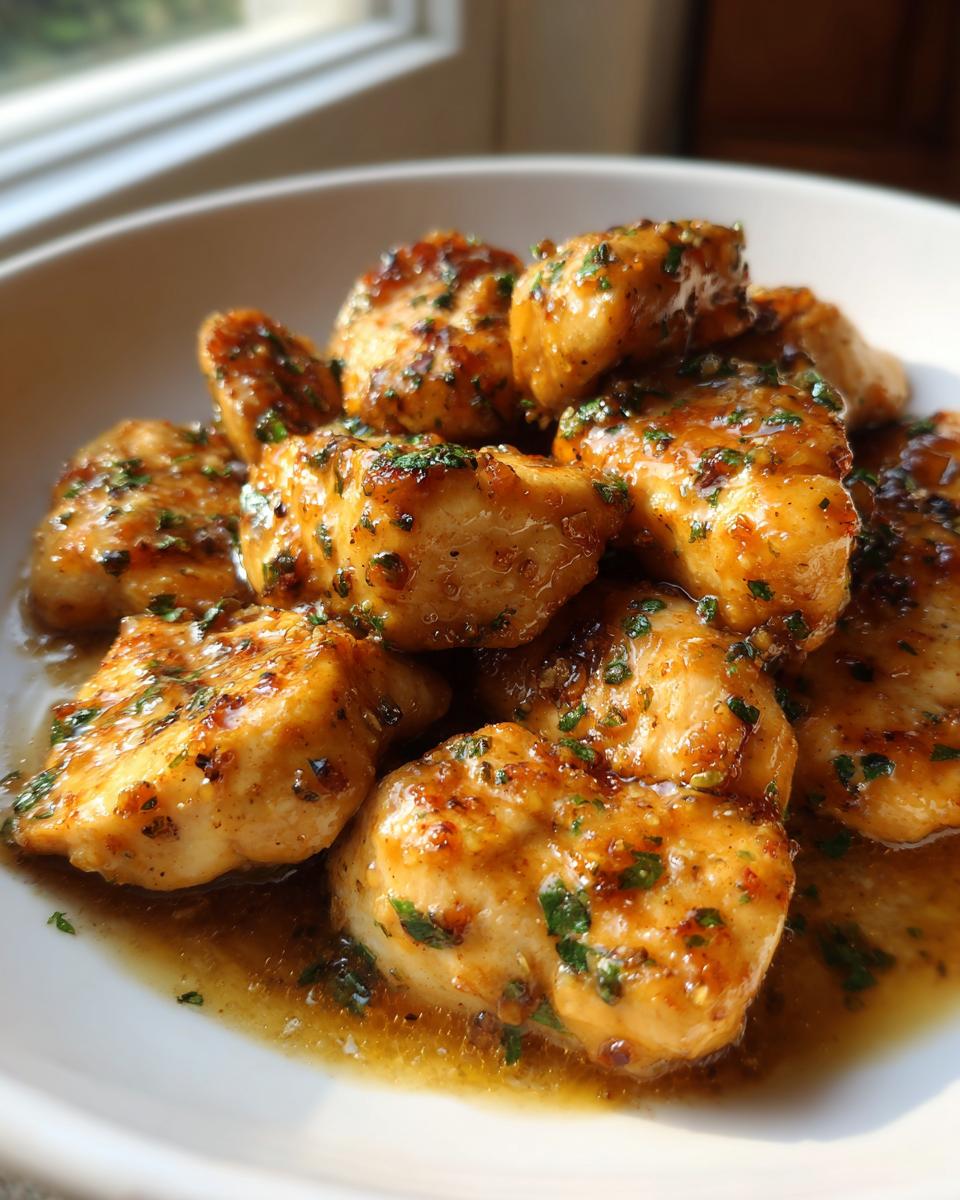 Close-up of golden-brown chicken bites glazed with a savory sauce and sprinkled with fresh herbs, perfect for chicken recipes for dinner.