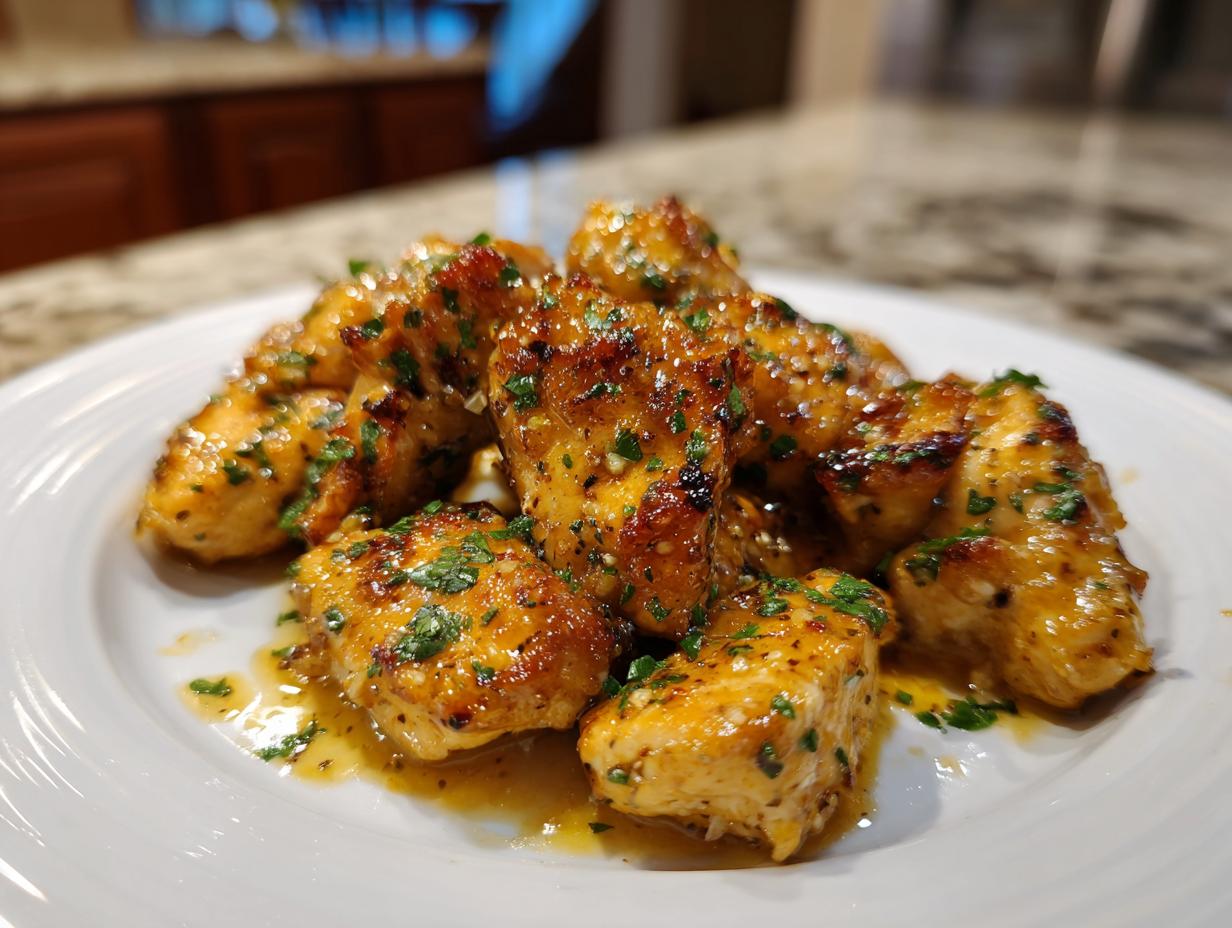 Close-up of golden-brown chicken bites coated in a glossy sauce and sprinkled with fresh parsley, perfect for chicken recipes for dinner.