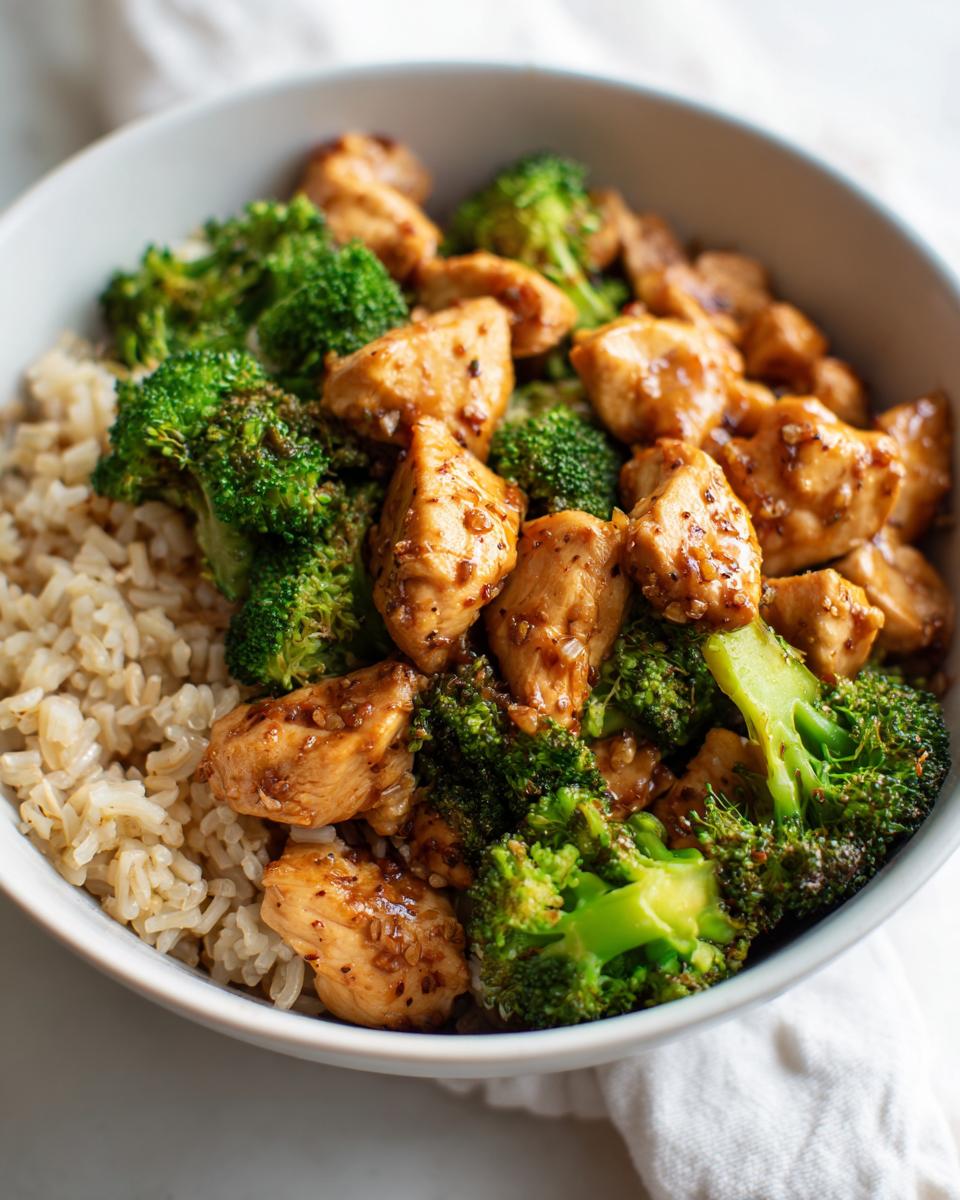 Bowl of chicken and broccoli stir-fry served with brown rice for easy healthy dinner recipes