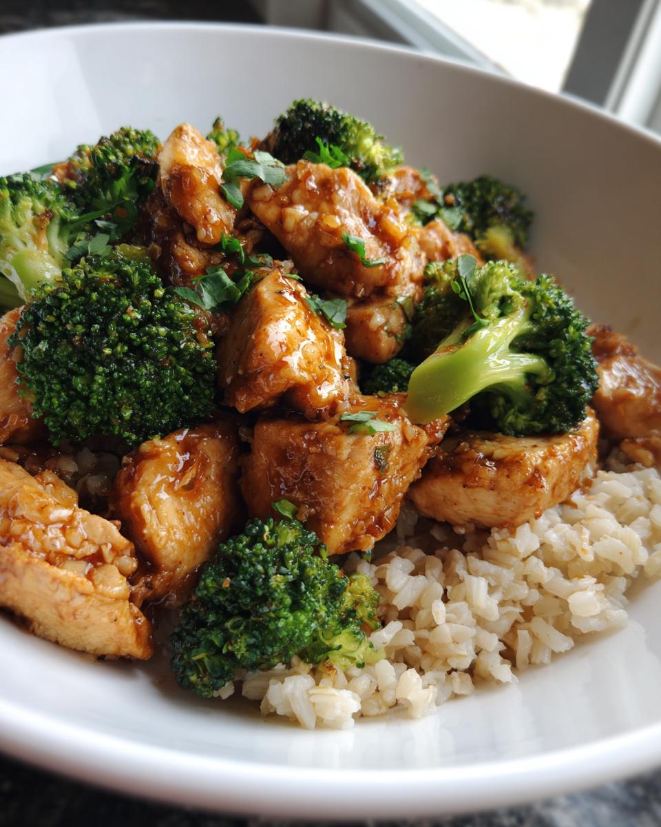 Bowl of chicken and broccoli with sauce served over brown rice for easy healthy dinner recipes