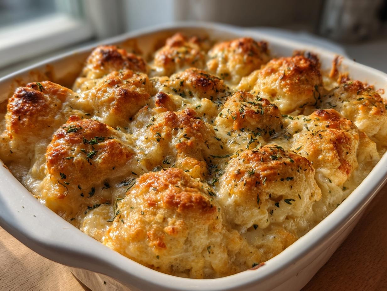 Freshly baked chicken casserole with golden brown biscuit topping sprinkled with herbs in white baking dish.