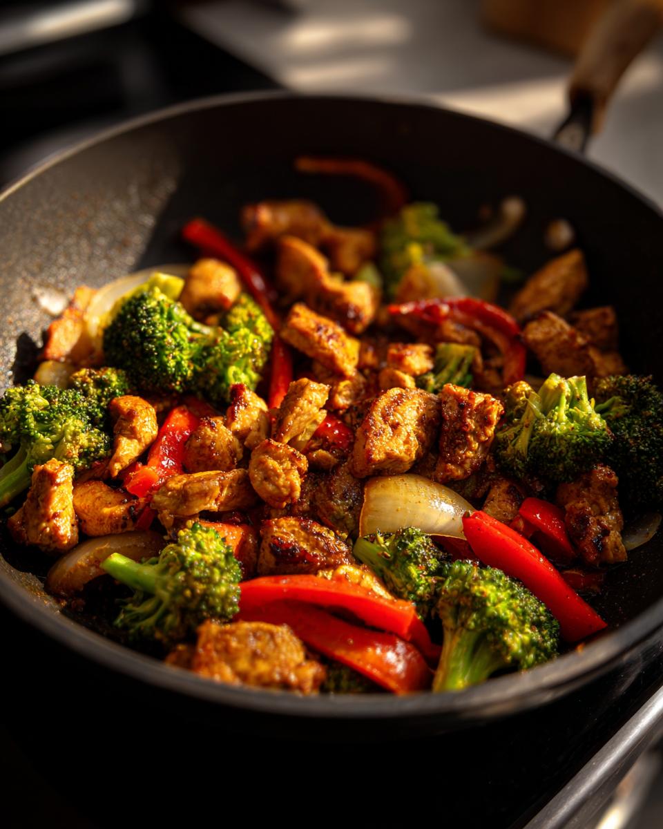Close-up of a stir fry with chicken, broccoli, red peppers, and onions in a black pan.