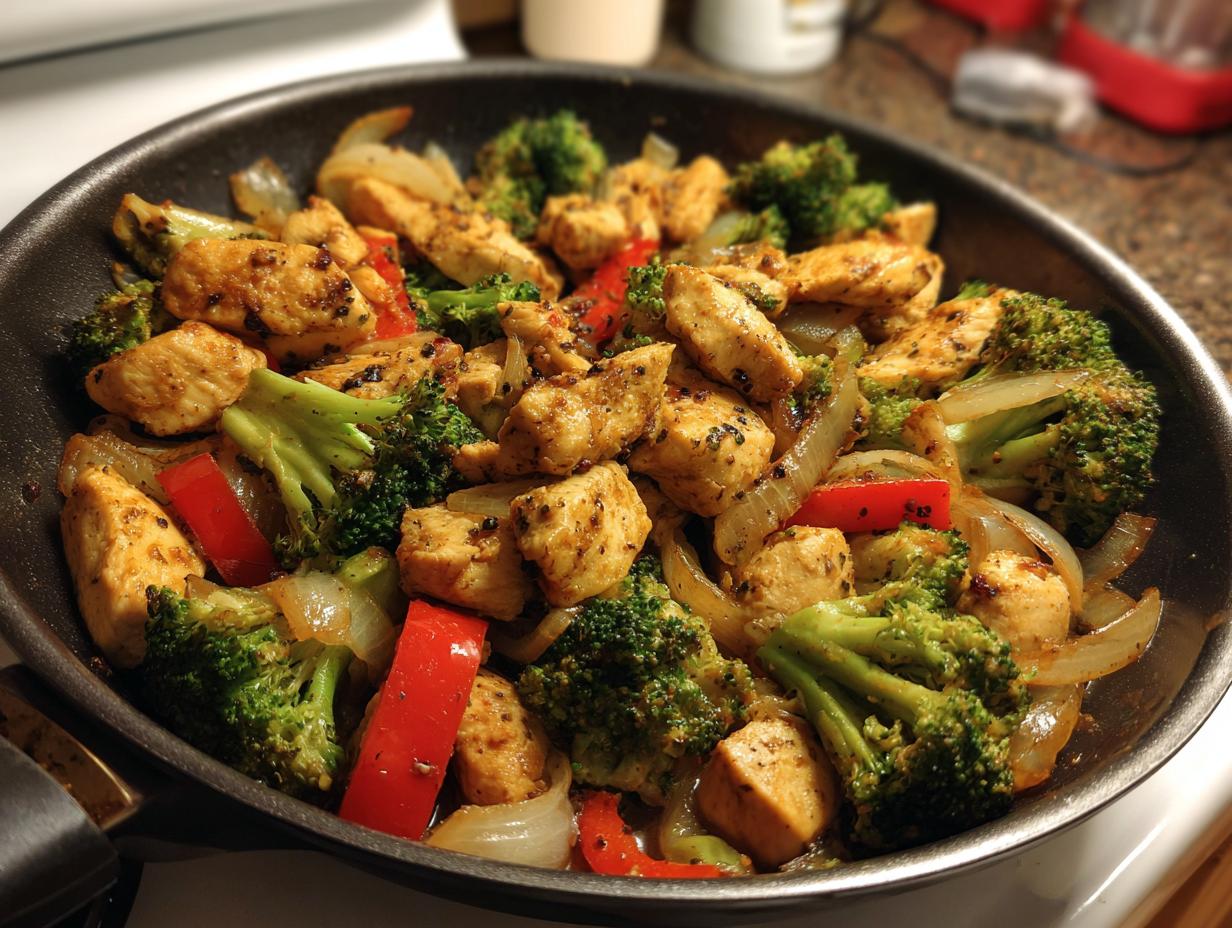 Skillet with chicken pieces, broccoli, red bell peppers, and onions cooked and seasoned for chicken dinner ideas