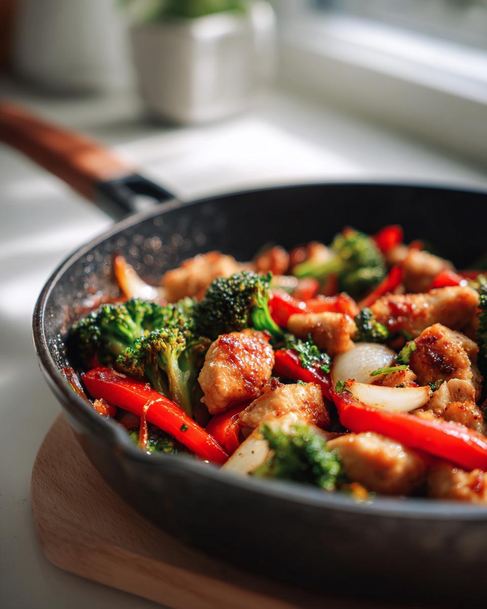 Pan with colorful chicken dinner ideas stir-fry including broccoli, red peppers, and onions.