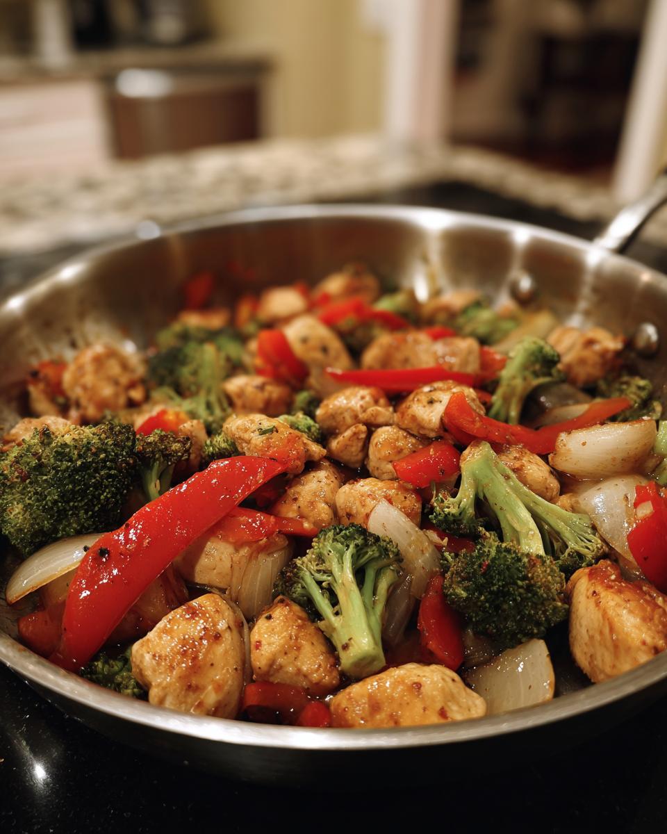 Skillet filled with chicken, broccoli, red peppers, and onions cooking for chicken dinner ideas.