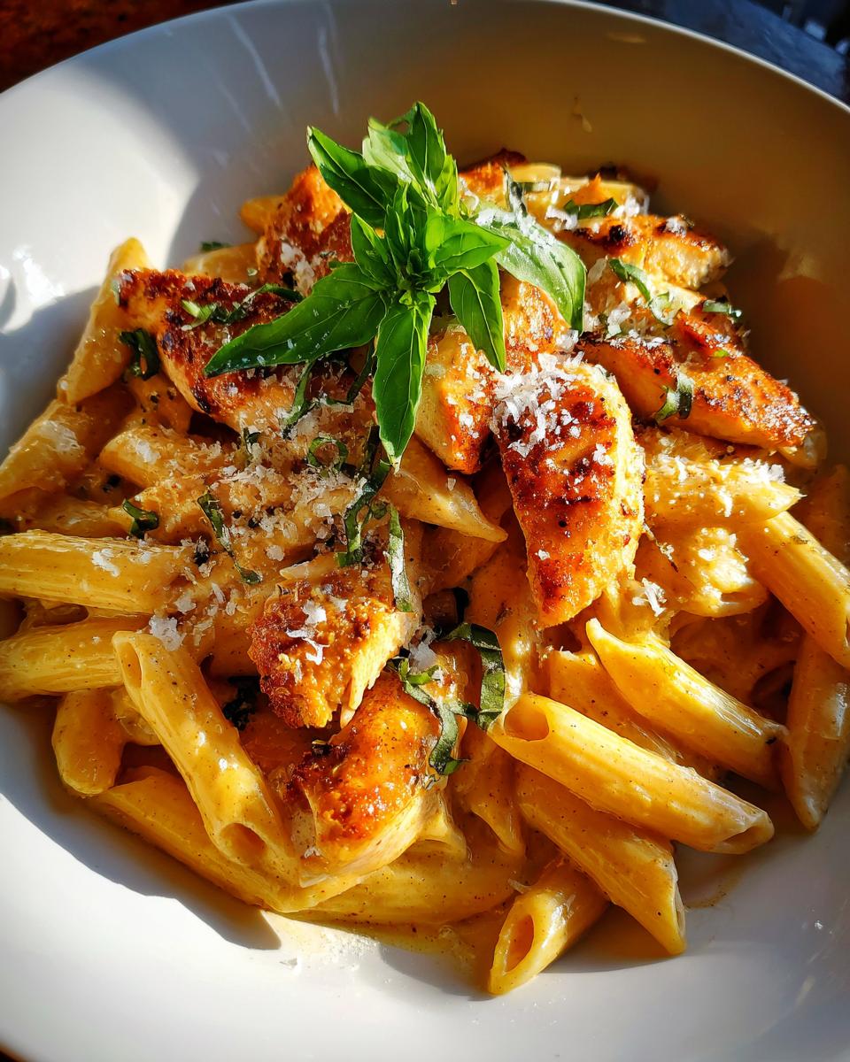 A bowl of creamy chicken pasta with penne noodles, topped with grilled chicken pieces, fresh basil, and grated Parmesan cheese.