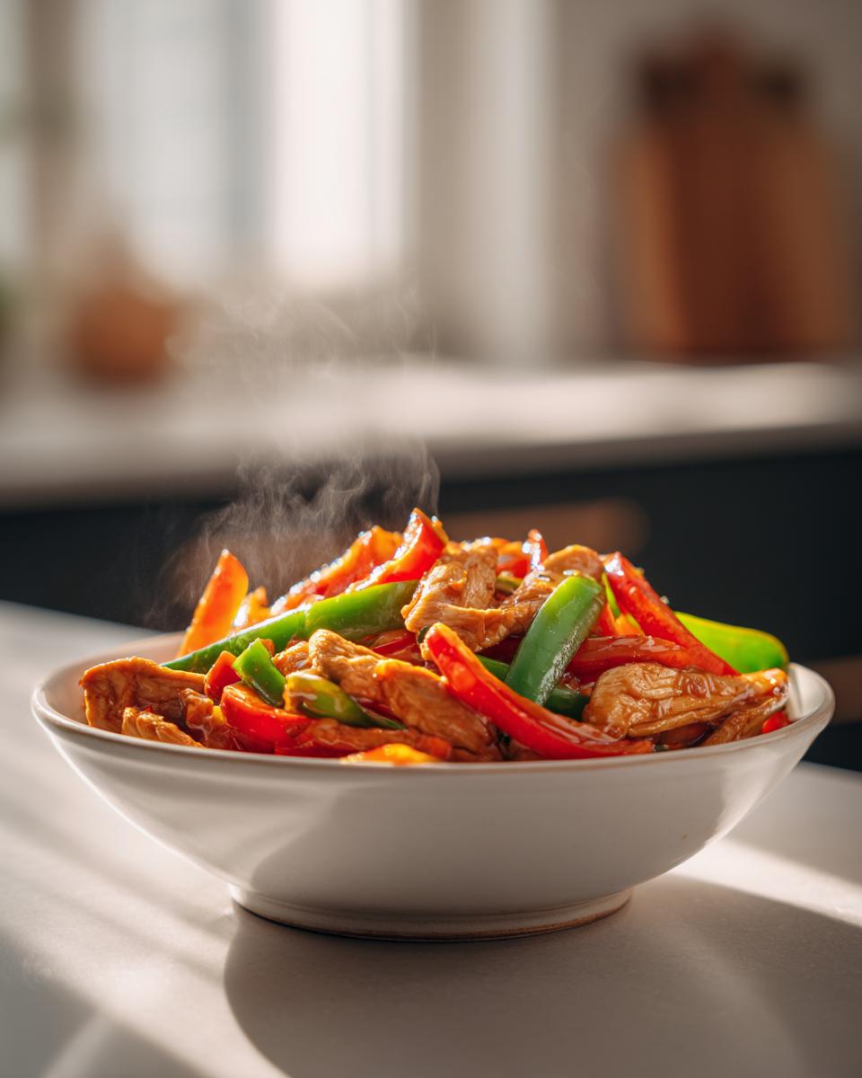 Steaming bowl of chicken stir-fry with red and green bell peppers on kitchen counter