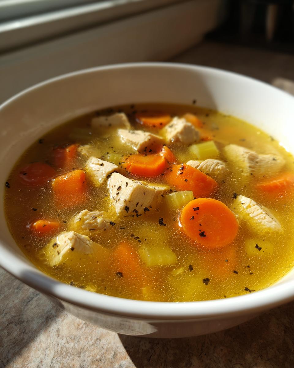 A close-up of a white bowl filled with comforting chicken soup, featuring tender chicken pieces, bright orange carrot slices, and celery in a golden broth.