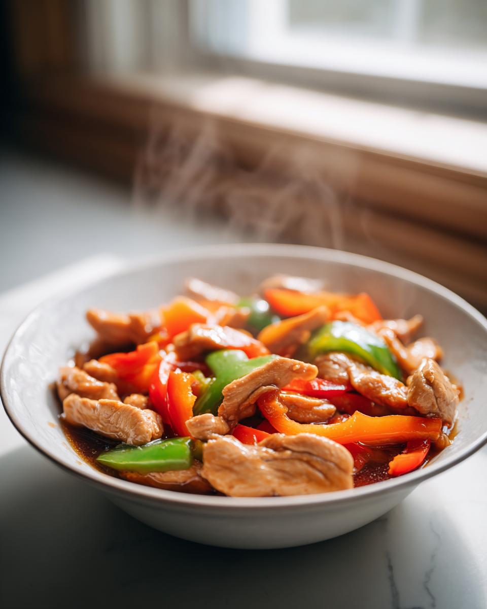 Steaming bowl of chicken stir-fry with colorful bell peppers and sauce for easy dinner recipes