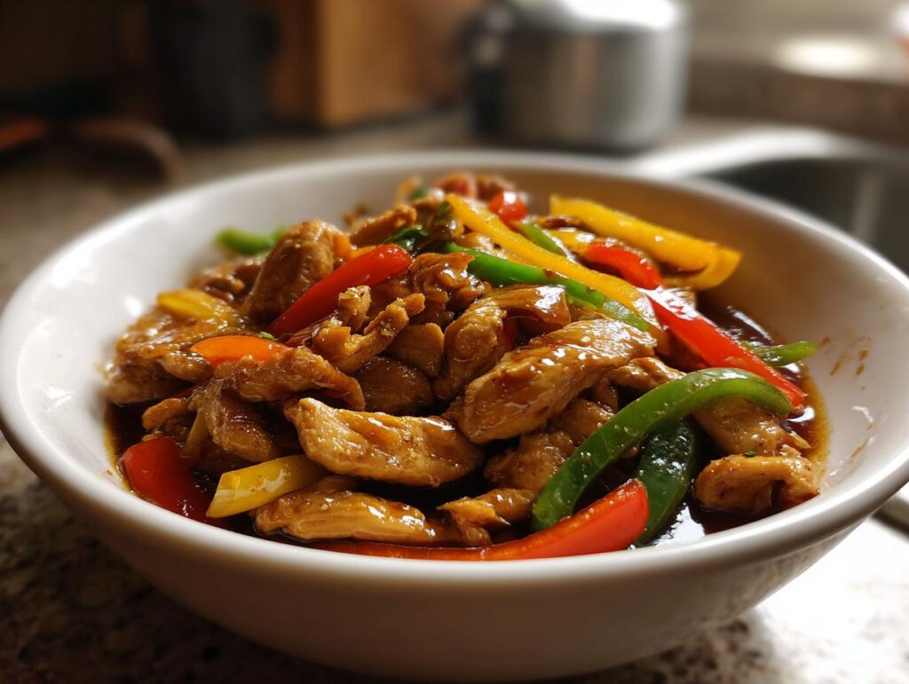 Bowl of chicken stir fry with colorful bell peppers and sauce, representing easy dinner recipes