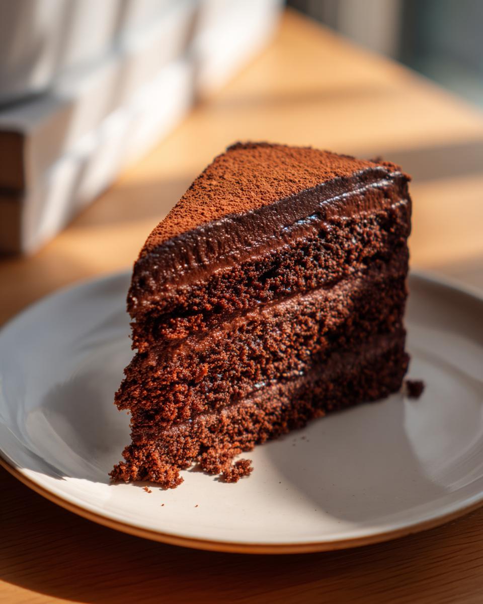 A decadent slice of moist chocolate cake with rich chocolate frosting, dusted with cocoa powder.