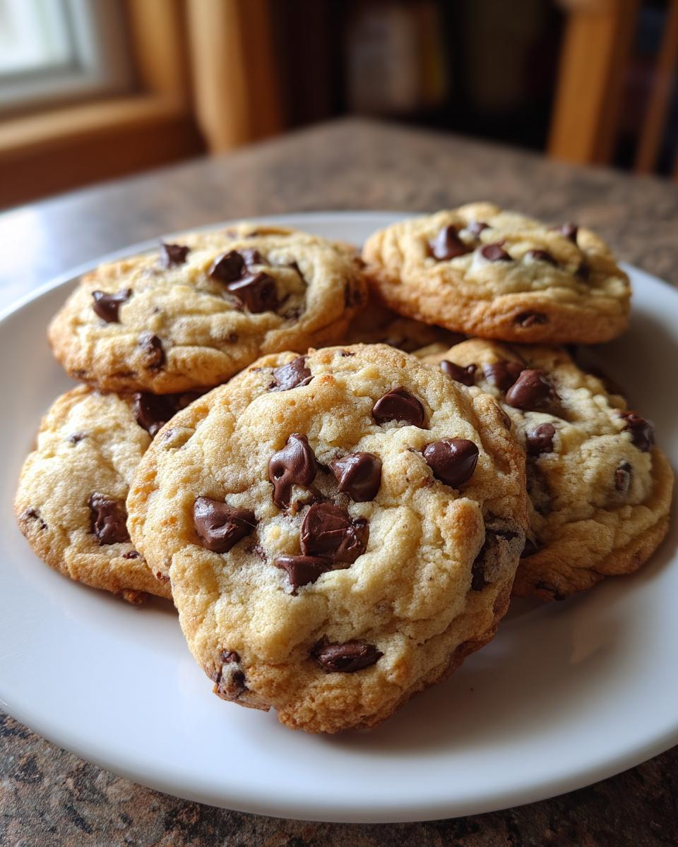 Plate of freshly baked chocolate chip cookies with golden edges and melty chocolate chips