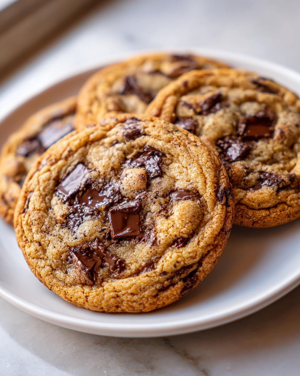 Close-up of freshly baked chocolate chip cookies on a white plate featuring melted chocolate chunks.