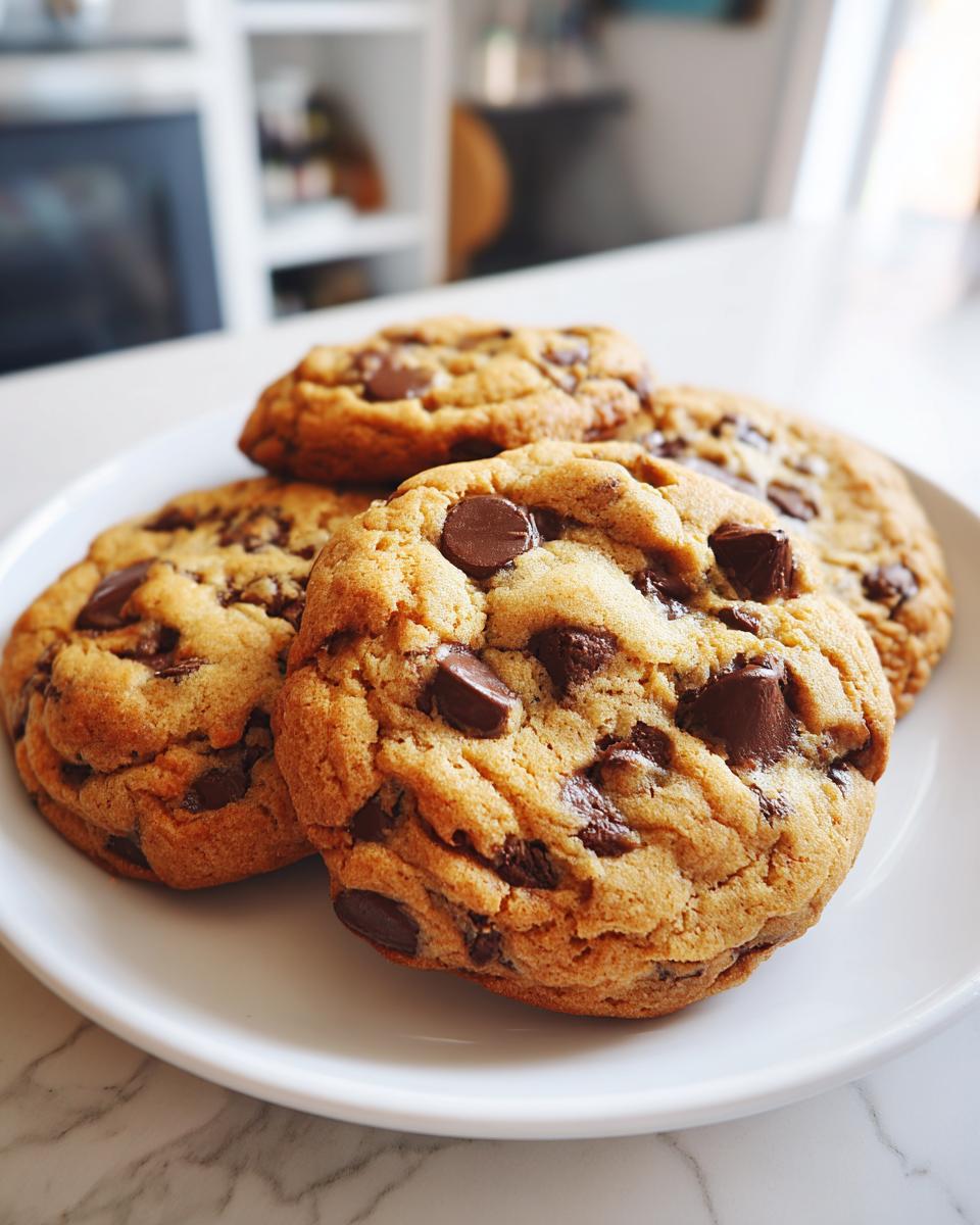 Close-up of four freshly baked chocolate chip cookies on a white plate, with melty chocolate chips visible.