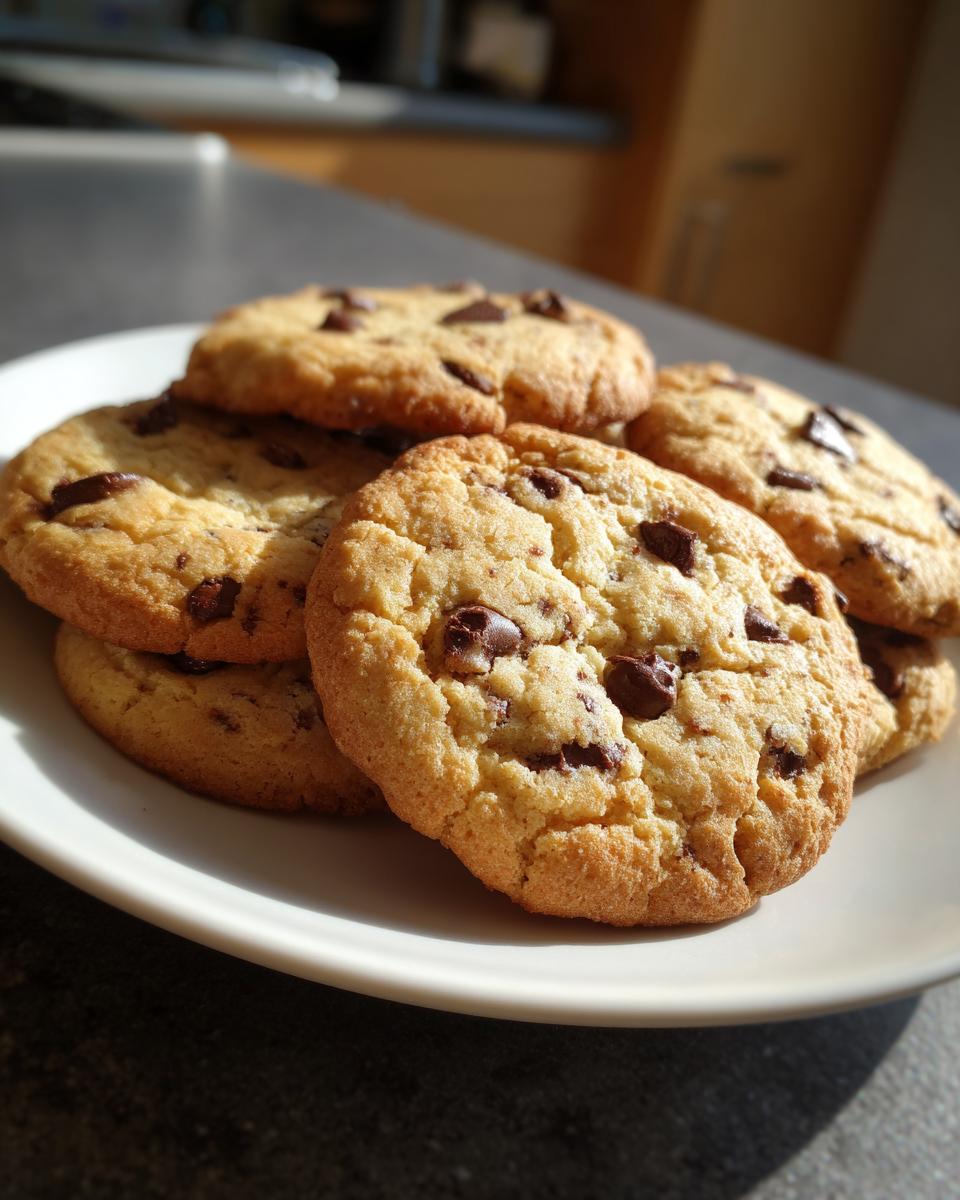 A pile of delicious, golden-brown chocolate chip cookies on a white plate, ready to be enjoyed.