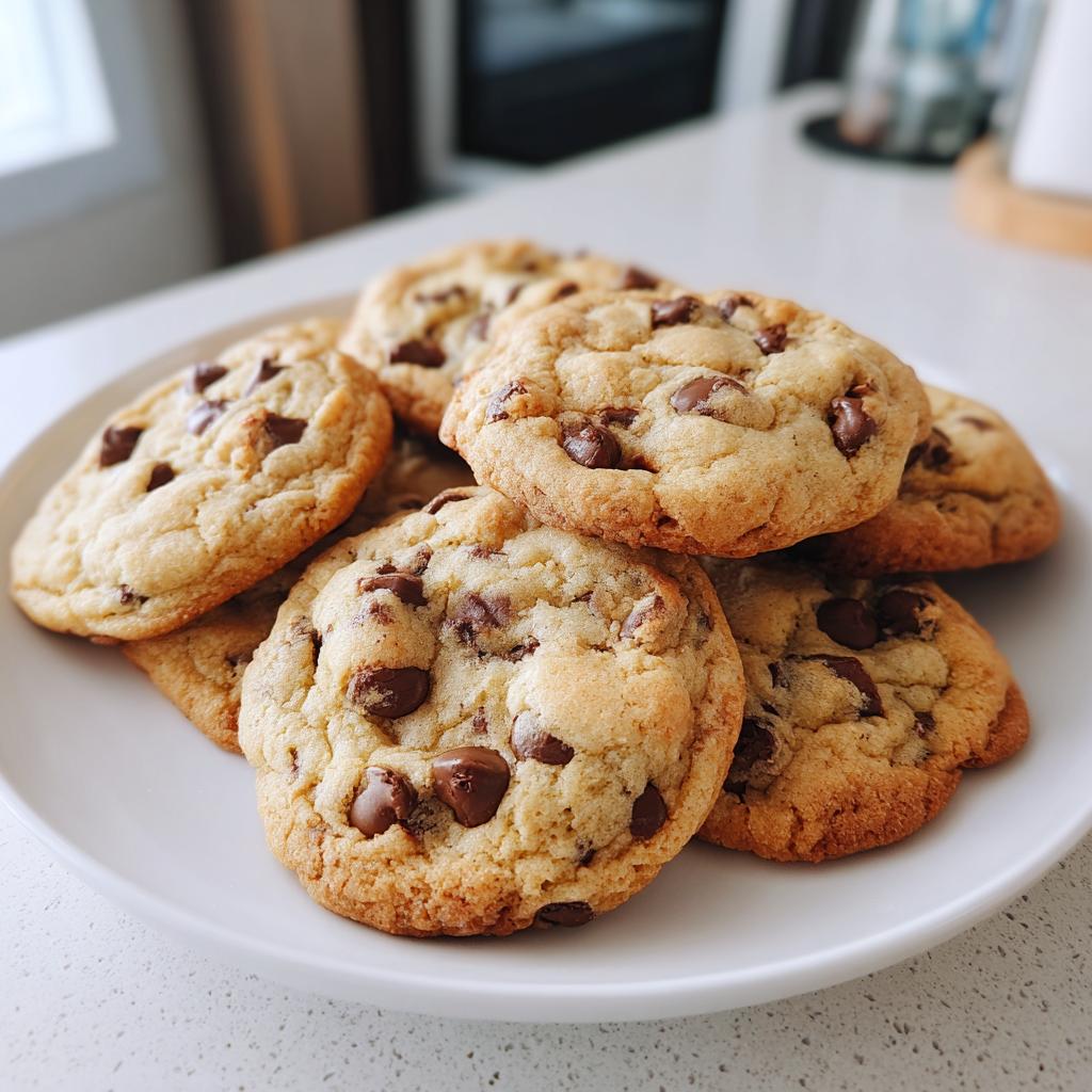 A pile of freshly baked chocolate chip cookies on a white plate, showcasing gooey chocolate chips and golden-brown edges.