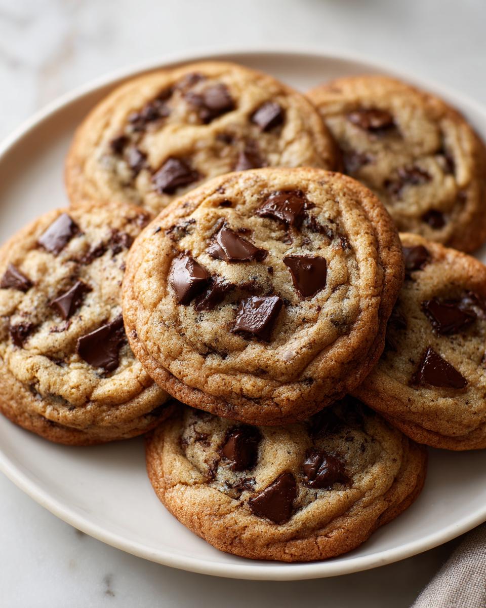 Plate of freshly baked chocolate chip cookies with large chocolate chunks.