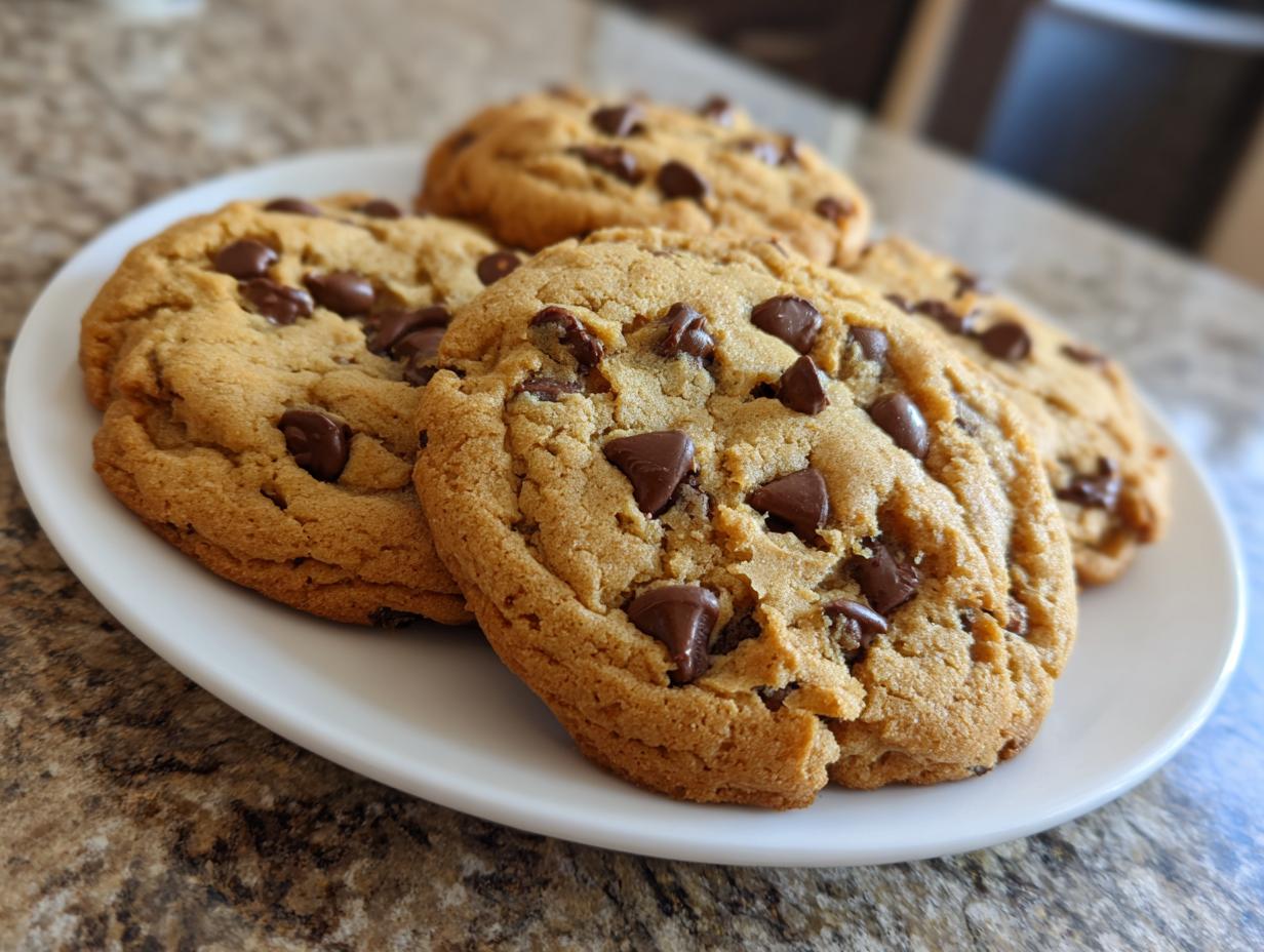 A plate of freshly baked chocolate chip cookies, showcasing a golden brown color and plenty of chocolate chips.