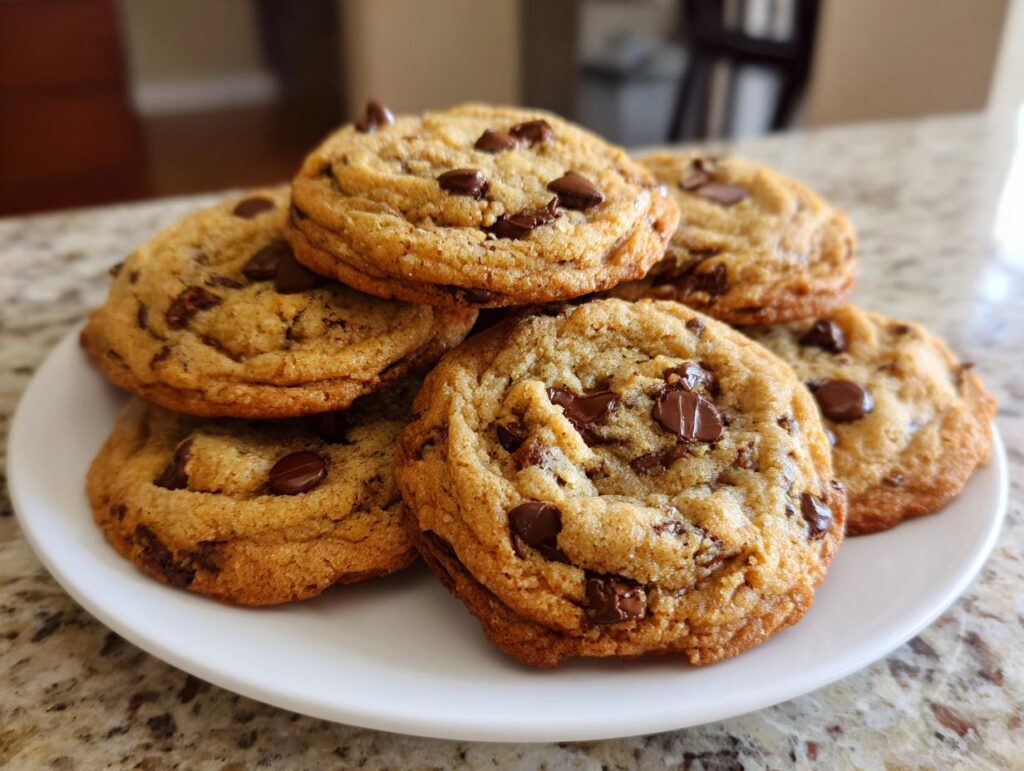 A stack of golden brown chocolate chip cookies with melted chocolate chunks on a white plate.
