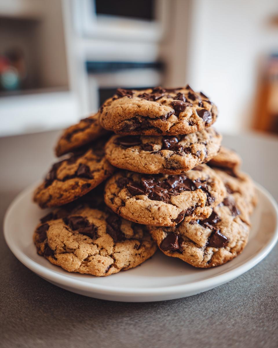 A tall stack of freshly baked chocolate chip cookies on a white plate, showcasing generous amounts of melted chocolate chips.