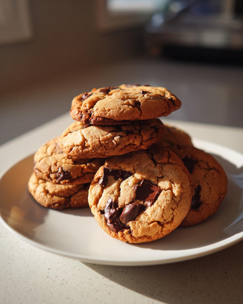A close-up, sunlit stack of freshly baked chocolate chip cookies on a white plate.