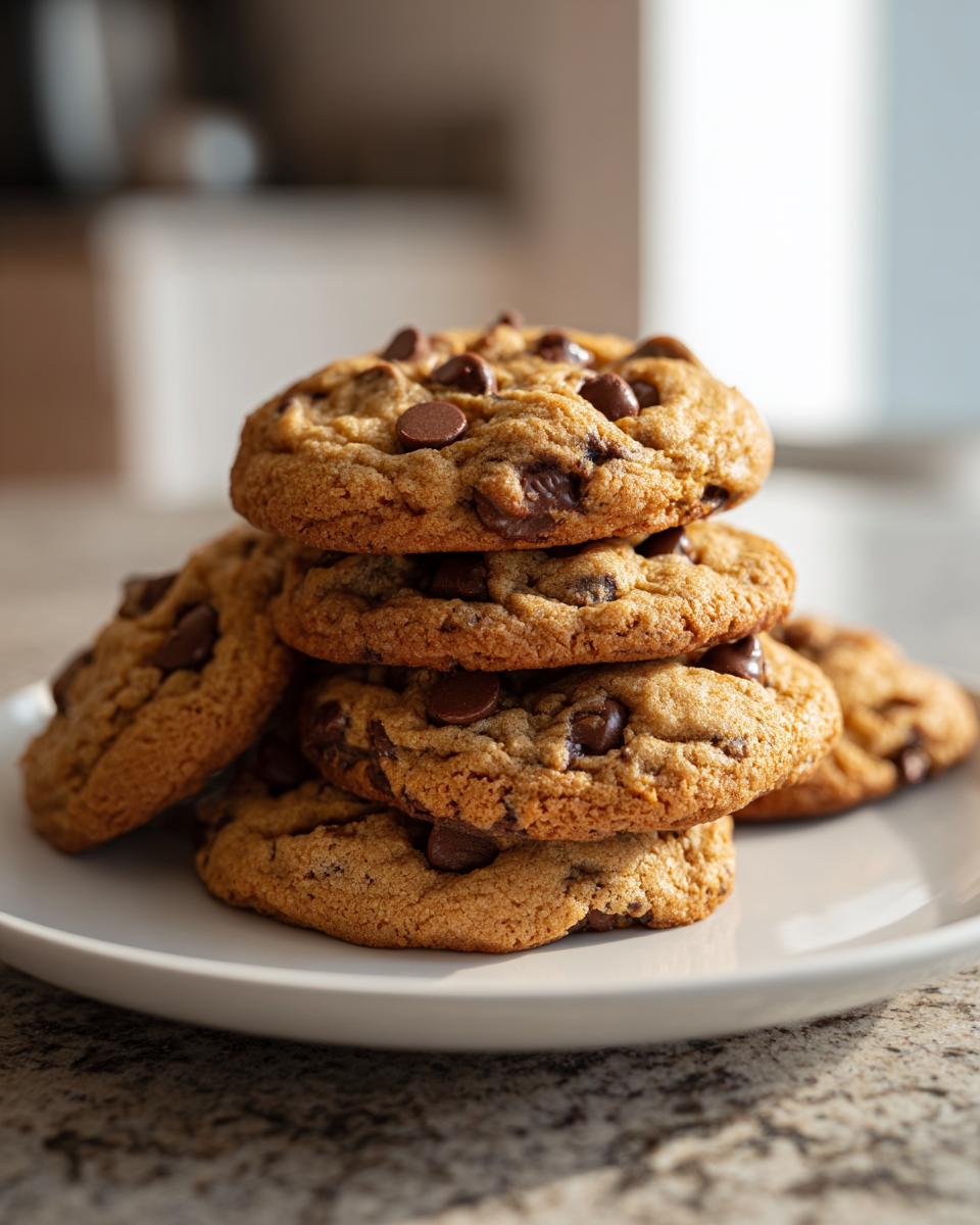A stack of freshly baked chocolate chip cookies, generously studded with chocolate chips, on a white plate.