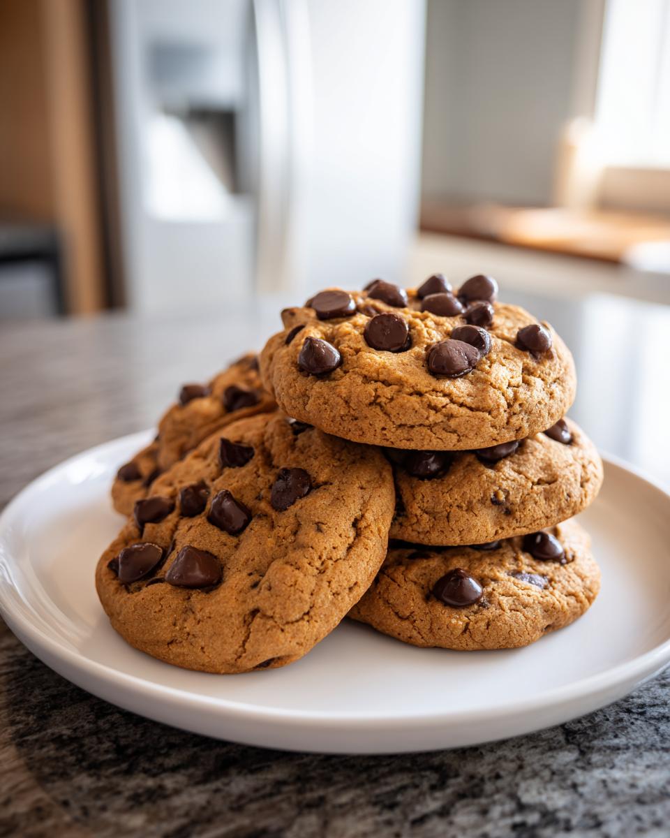 A close-up of a stack of freshly baked chocolate chip cookies on a white plate.