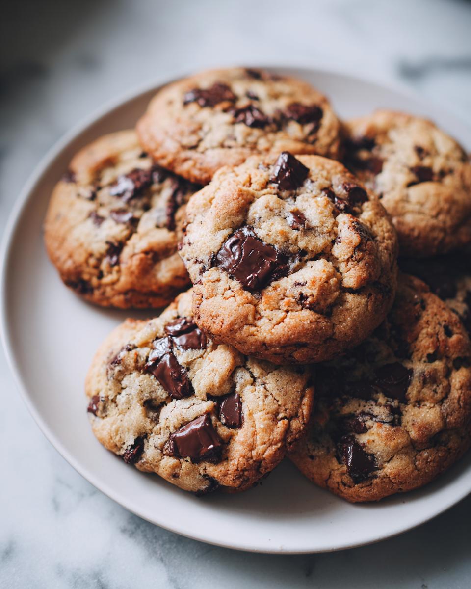 A stack of freshly baked chocolate chip cookies with generous chunks of dark chocolate.