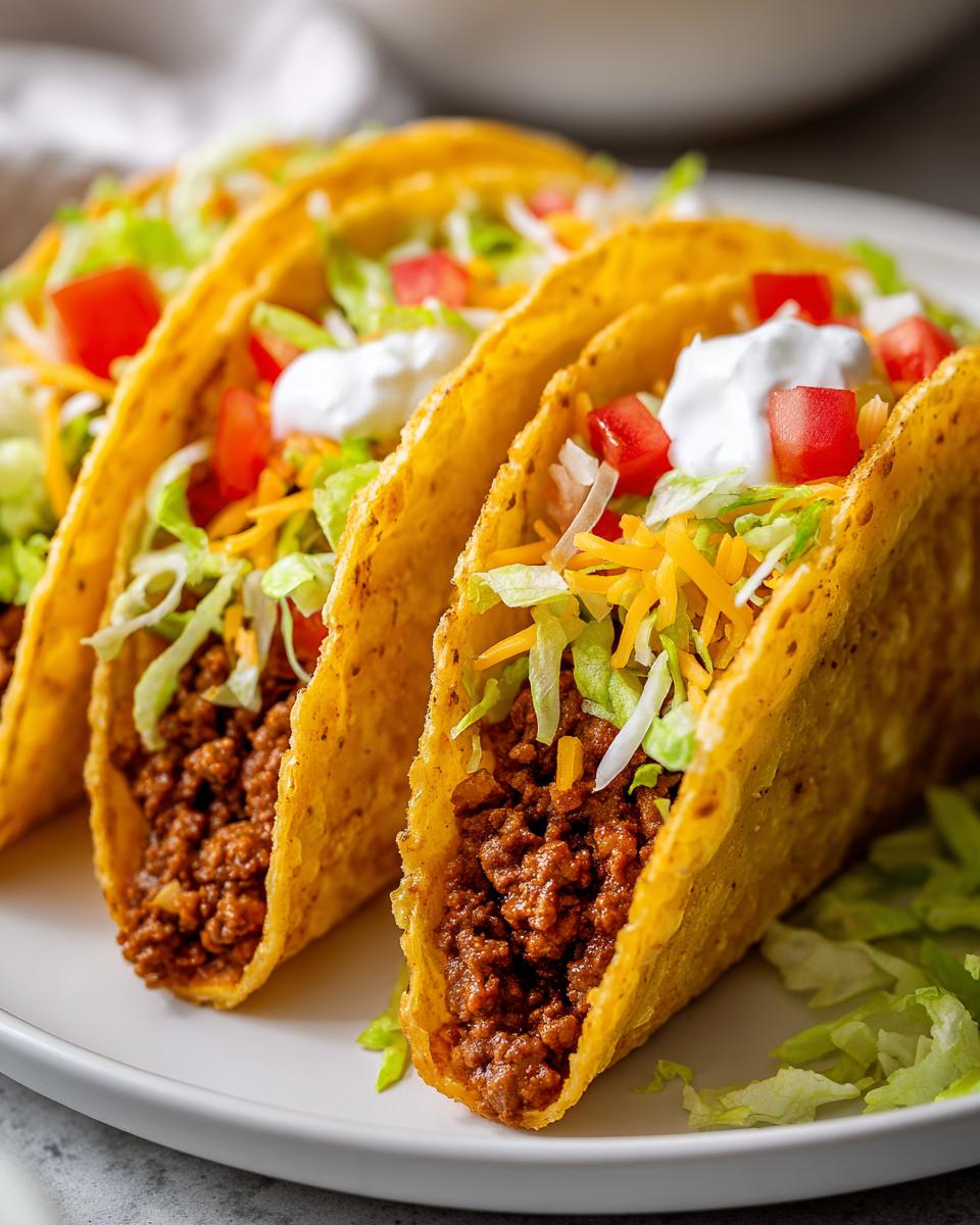 Three classic beef tacos with shredded lettuce, cheddar cheese, diced tomatoes, and sour cream.