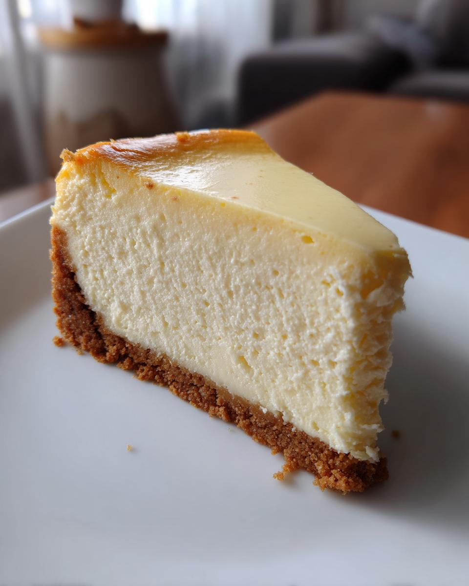 Close-up of a creamy slice of cheesecake with graham cracker crust on a white plate.