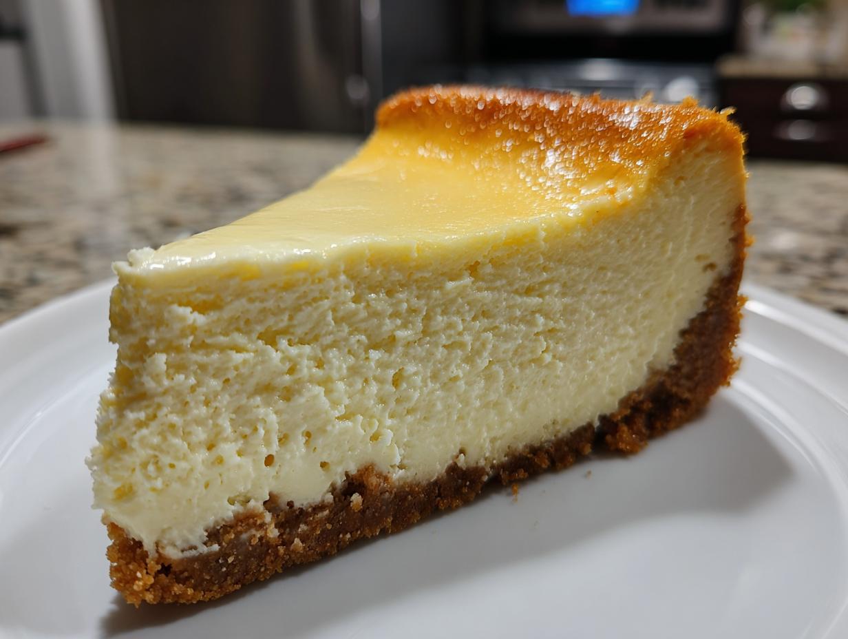 Close-up of a creamy slice of cheesecake with a golden brown top and graham cracker crust.