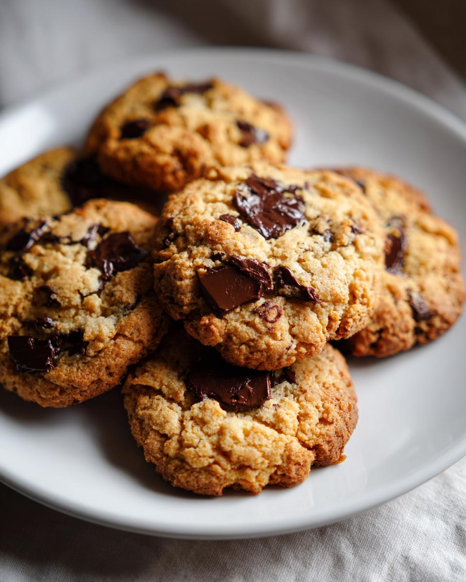 Close-up of classic chocolate chip cookies stacked on a white plate, featuring melted chocolate chunks.
