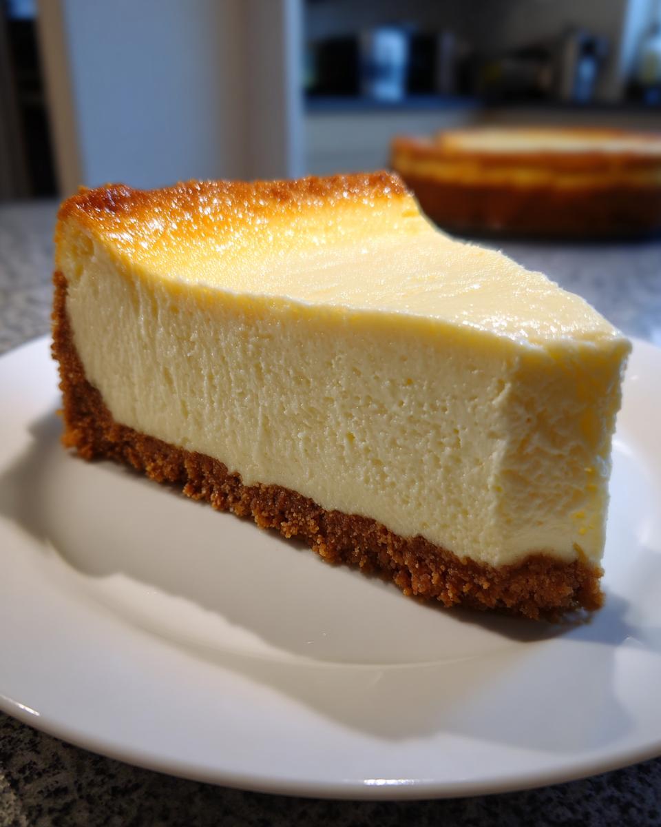 Close-up of a slice of creamy cheesecake with a graham cracker crust on a white plate.