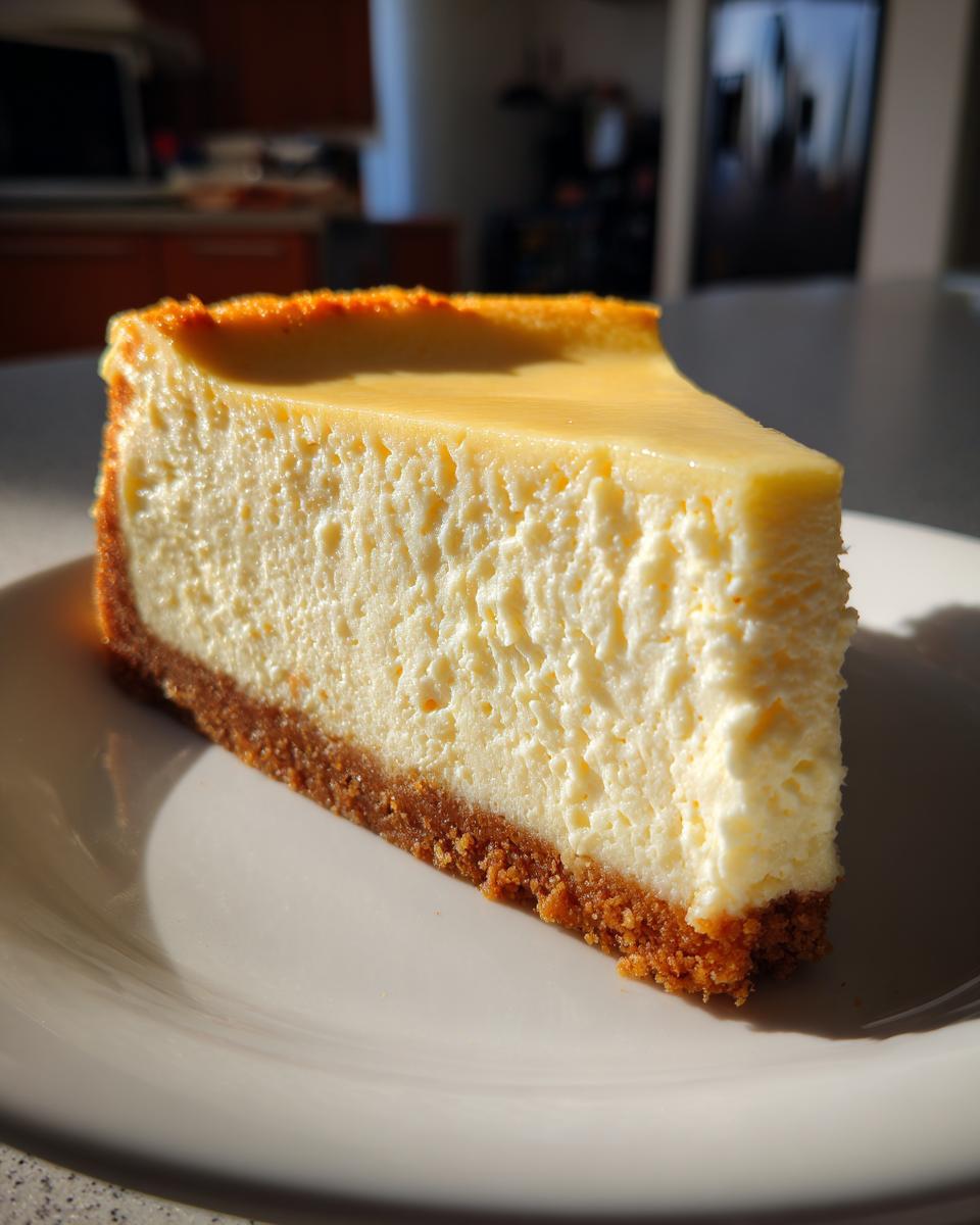Close-up of a creamy cheesecake slice with graham cracker crust on a white plate.