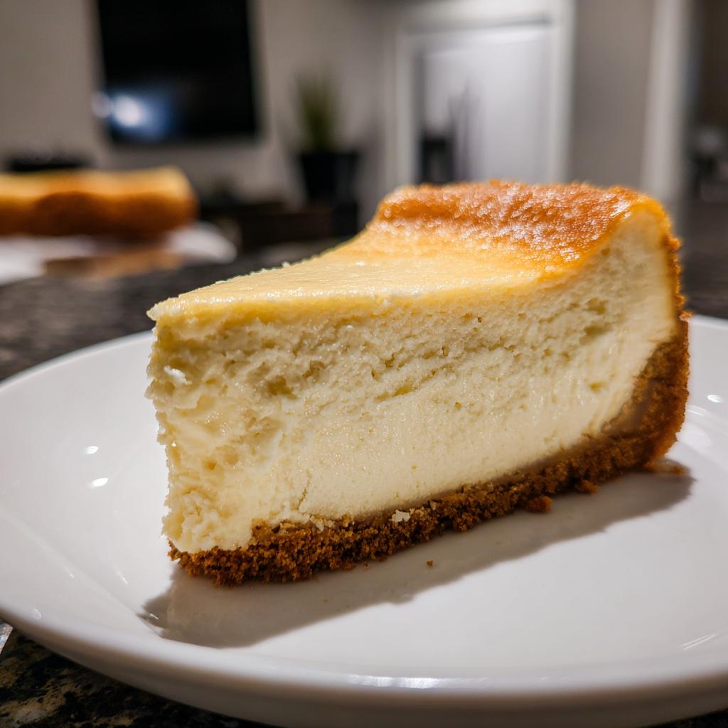 Close-up of a creamy cheesecake slice with golden top and graham cracker crust on a white plate.