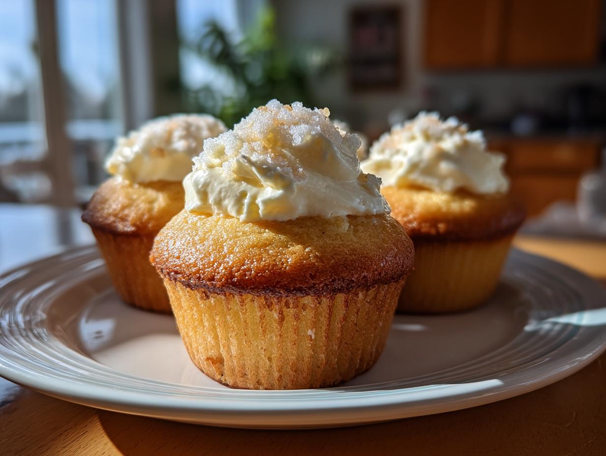Three classic cupcakes topped with whipped frosting and sugar sprinkles on a white plate.