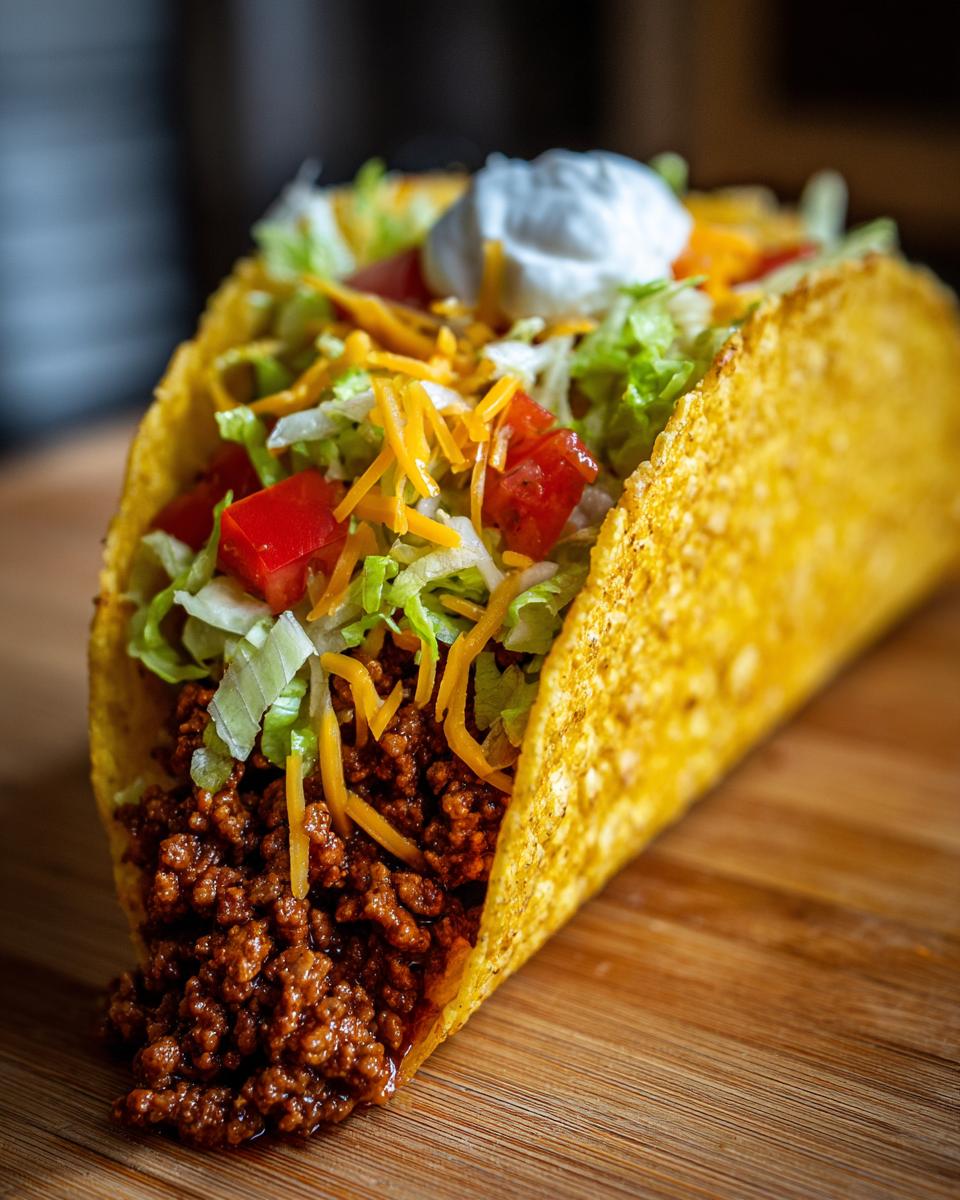 Ground beef taco filled with seasoned beef, shredded lettuce, cheddar cheese, tomato, and sour cream