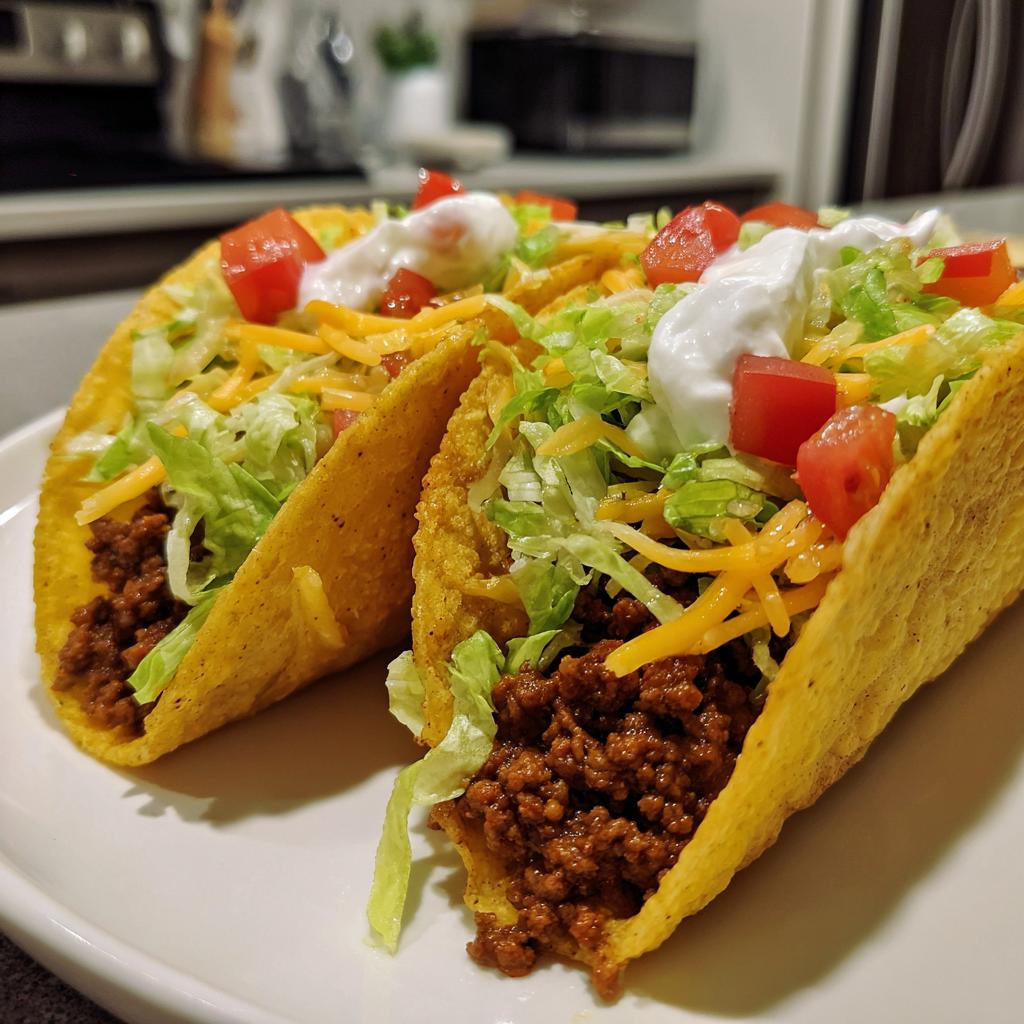 Two crispy ground beef tacos with shredded lettuce, cheese, diced tomatoes, and sour cream