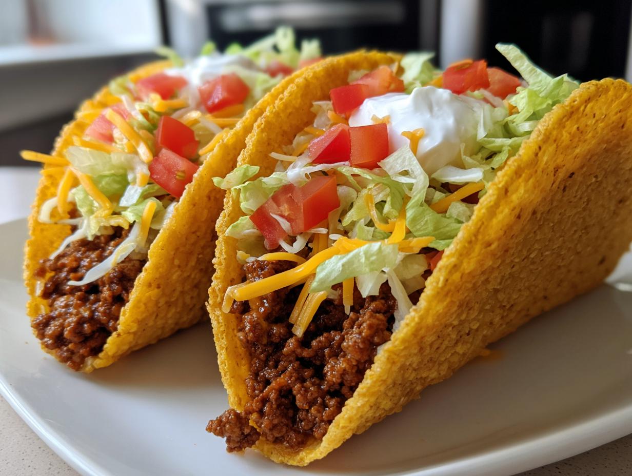 Two crunchy tacos filled with seasoned ground beef, shredded lettuce, diced tomatoes, cheese, and sour cream
