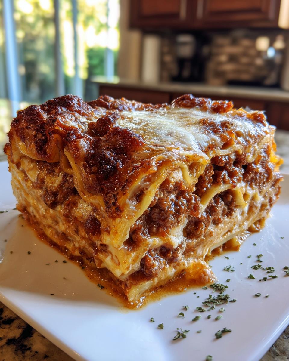 Close-up of a slice of lasagna with meat sauce and melted cheese on a white plate.
