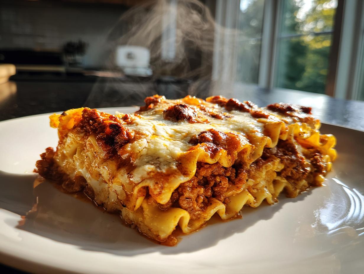 Close-up of a steaming slice of lasagna with meat sauce and melted cheese on a white plate