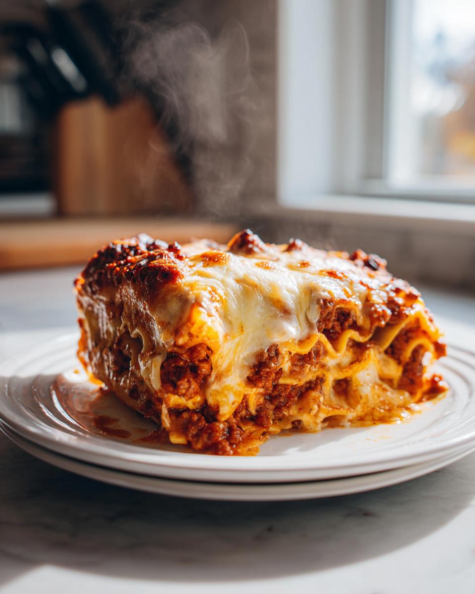 Steaming hot slice of meat lasagna with melted cheese on a white plate
