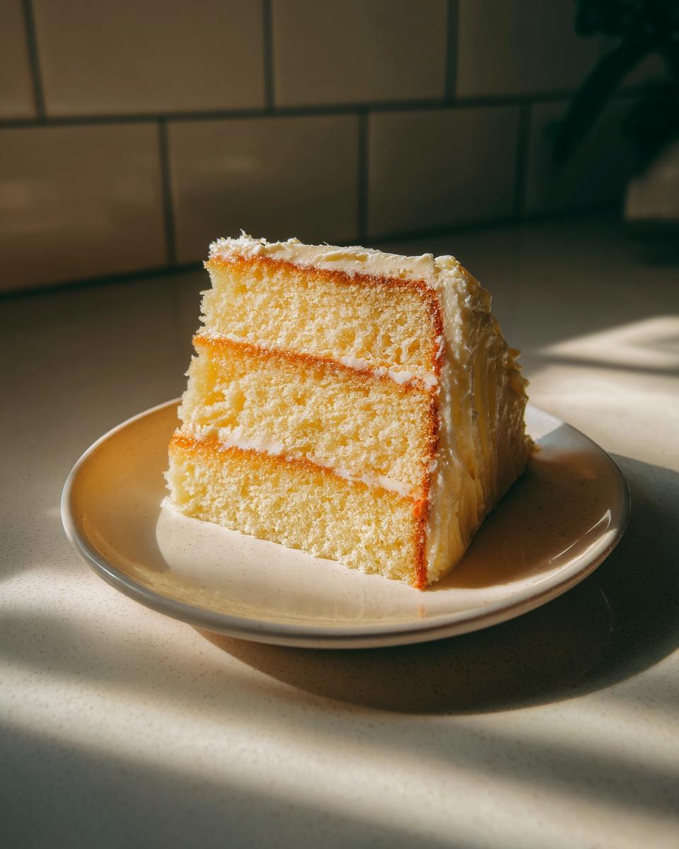 Slice of vanilla cake with creamy frosting on a beige plate in soft natural light