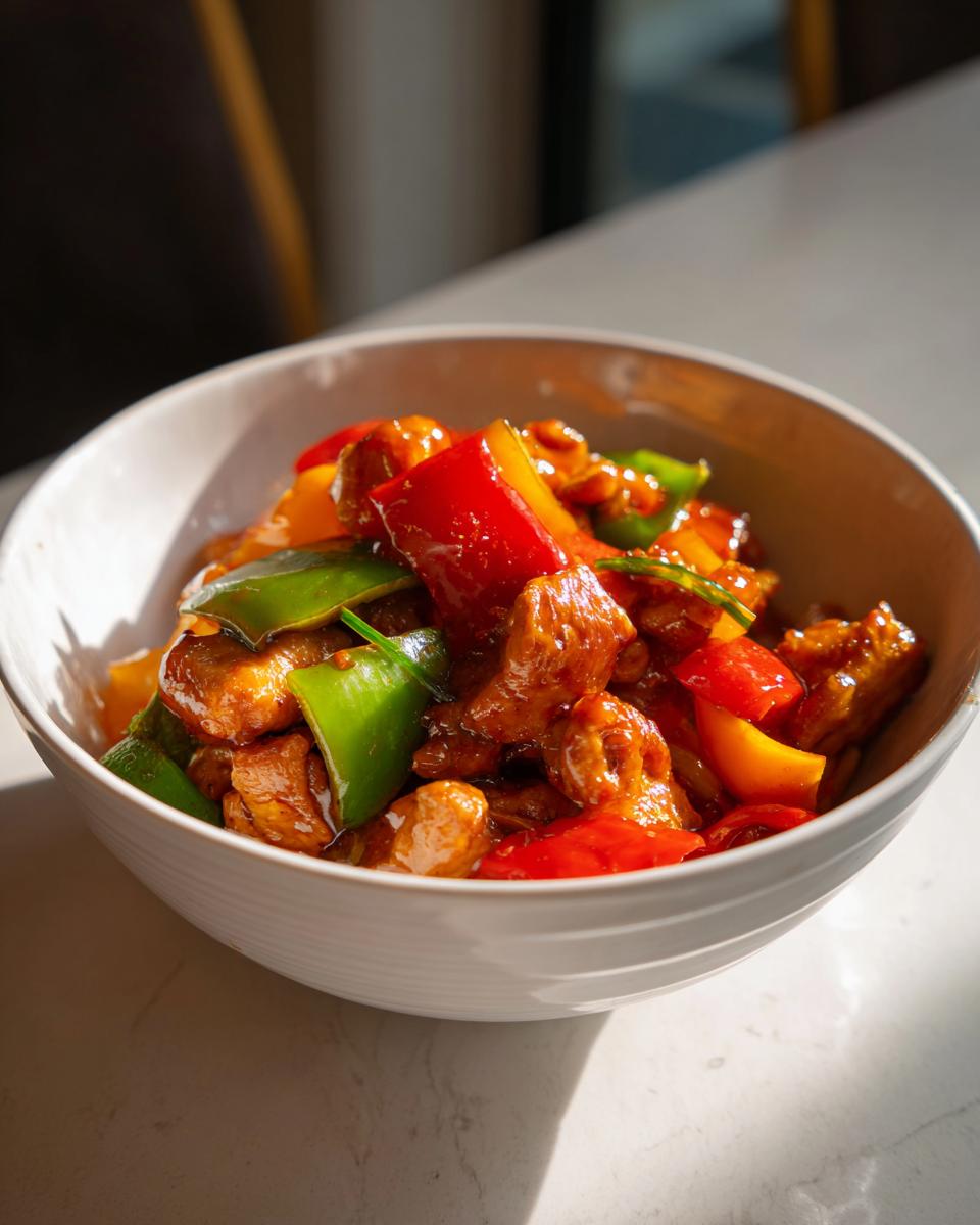 Bowl of stir-fry with vibrant peppers and glazed meat as an easy dinner recipe