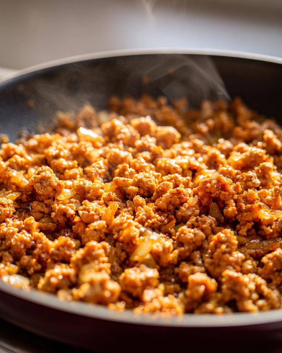 Close-up of cooked ground turkey with onions in a pan steaming hot